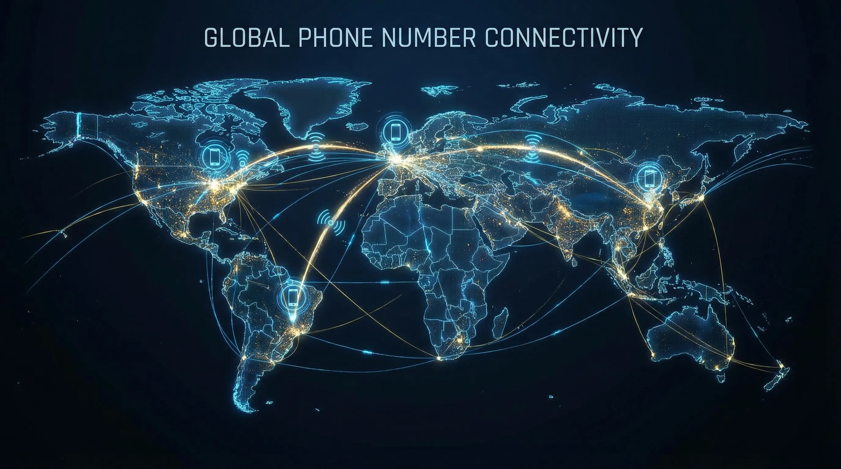 A digital map of the world with glowing connections between the US, UK, Brazil, and China, representing global phone number connectivity.