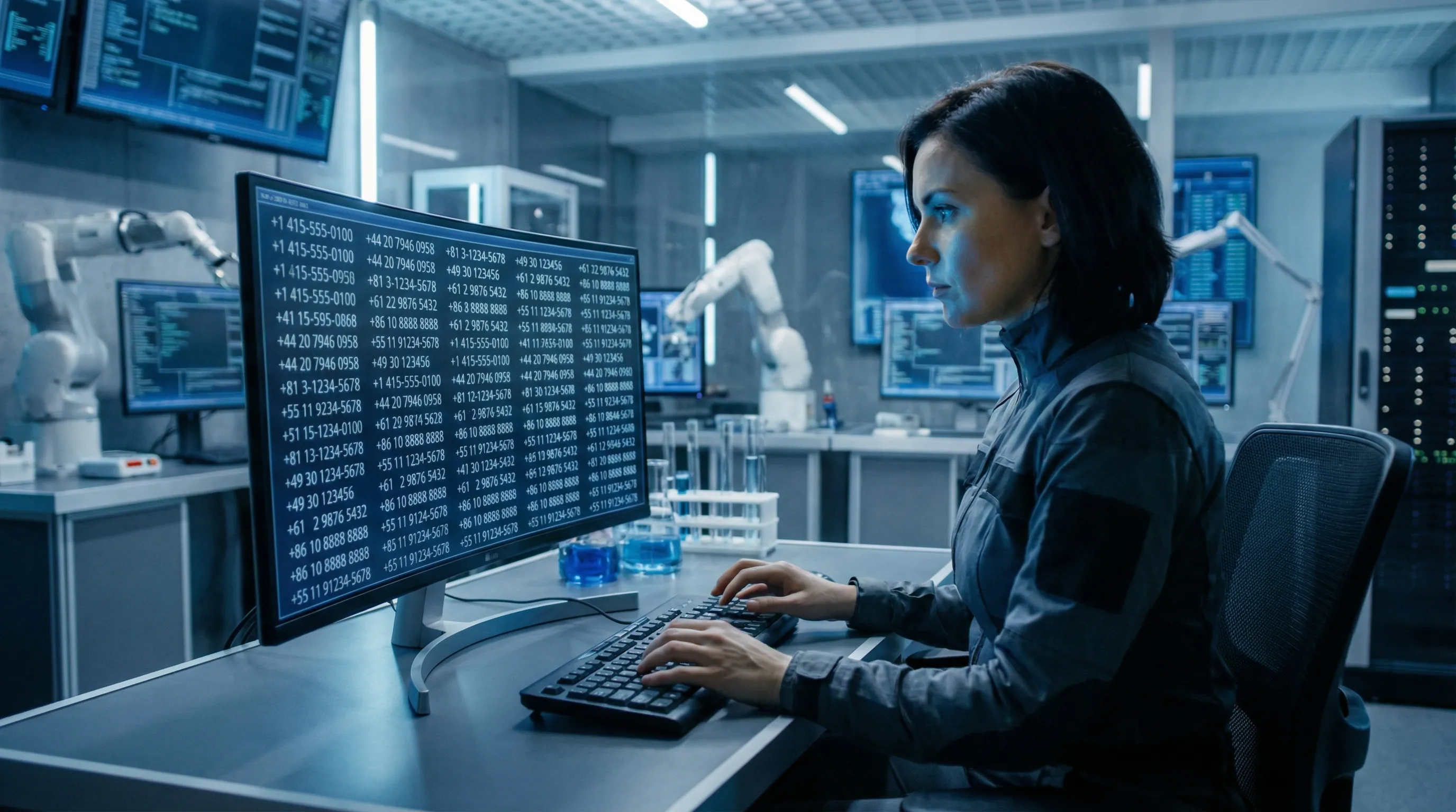 A high-tech laboratory setting with a programmer looking at a screen filled with validly formatted international phone numbers.